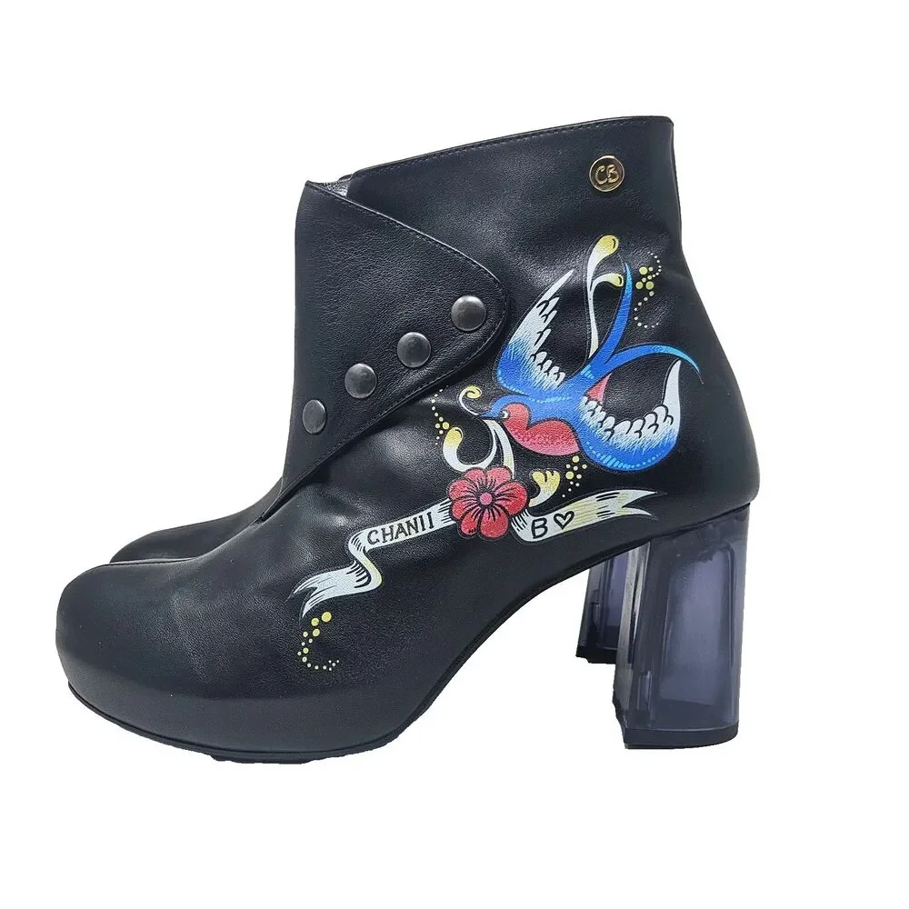 CHANII B Ankle Boot Carpe Diem Black Tattoo 41 Leather Limited Edition Glam Rock
